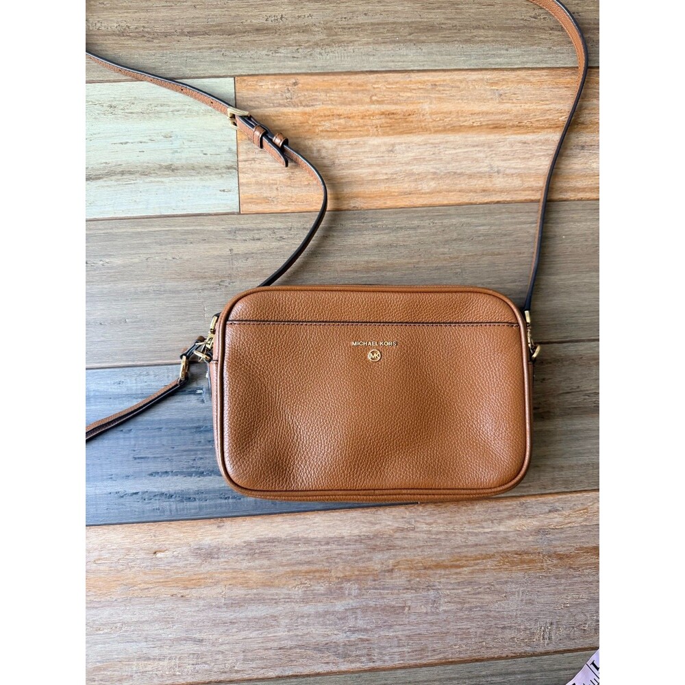 Michael Kors Jet Set Charm East West Crossbody Bag Brown Pebbled Leather Gold HW